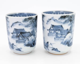 Vintage Kyo Ware Tea Cups: Blue & White Landscape Yunomi Set