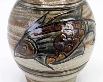 Japanese Pottery Vase by Kinjo Jiro Fish Design Tsuboya Ware Tsubo