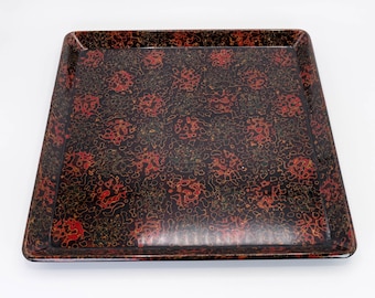 Japanese Lacquered Wooden Square Tray Tsugaru-nuri Lacquerware Kara-nuri Bon, Nippon2You