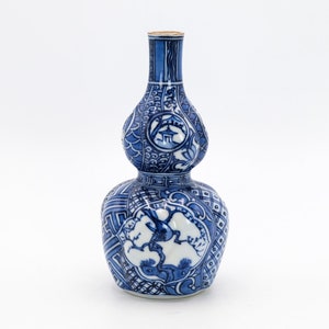 Japanese Sake Bottle Hyotan shape Sometsuke Blue and White Shozui by Kano Shokoku Kiyomizu ware Tokkuri