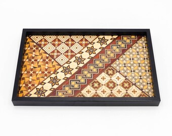 Japanese Lacquered Wooden Rectangle Tray Hakone Yosegi Zaiku Wood mosaic Marquetry Bon, Nippon2You