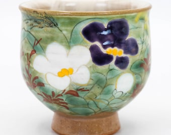 Kyo Ware Tea Cup: Japanese Yunomi with Autumn Flowers