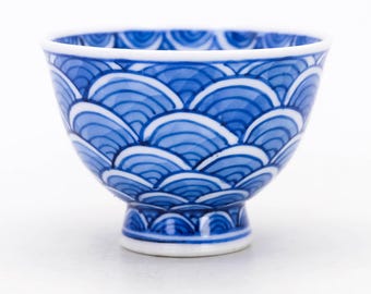Vintage Kyo Ware Tea Cup: Japanese Porcelain Yunomi with Blue Wave Motif
