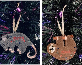 Embroidered & Personalized Possum and Sloth ornaments/ Gift Tags