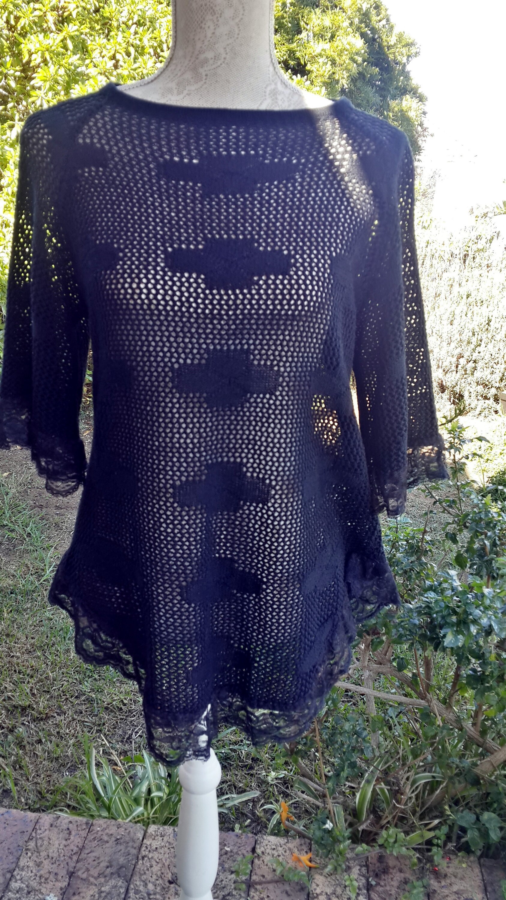 Image of Black Vintage Stretch Cotton Tunic Top, Lace Detail, Size Uk -, Usa -