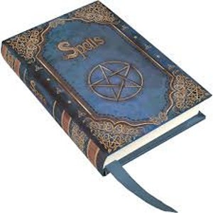 May include: A blue leather-bound journal with a pentagram design and the word "Spells" embossed on the cover.