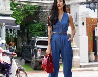 Women's Denim Classic Vest Top with Button / Vintage High Waist Pants Style / Vintage Denim Custom Pants Vest Set.