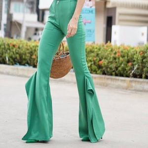 Women's Asymmetric Draped Frill Side Cigarette Trousers/ High Waisted  Ruffle Flare Bell Bottoms Pants /retro Boho/ Vintage 70s Fashion 