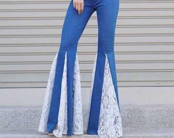 Women's Denim High Waisted White Lace Insets Wide Flare Bell Bottom Pants/Vintage 70s Style/Hippie/Boho pants.