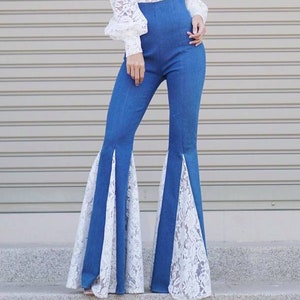 Damen Denim Hohe Taille Weiße Spitze Einsätze Breite Schlaghose/Vintage 70er Jahre Style/Hippie/Boho Hose.