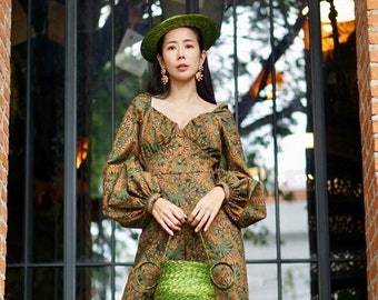 Vintage Peacock Feather Jumpsuit, Puff Sleeve Wide Leg