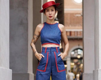 Red Trim Denim Set, Sleeveless Crop Top, High Waist Bell Bottoms