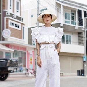Pure Linen Elegant High Waisted With Pockets/Wide leg pants/Linen Trousers / Paper Bag Waist Pants/Vintage 70s