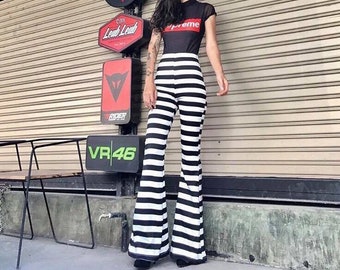 Women&#39;s black and white striped high waisted flared bell bottoms pants/vintage 70s / Prisoner,Convict,Inmate Striped Pants,Festival outfit.