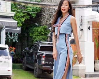 Women&#39;s Denim Super High Waist Side Split Wide Leg Pants and V neck Crop Top With Traditional Thai Hill Tribe Trim