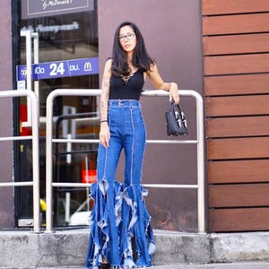 Women&#39;s High Waist Asymmetric Tassel Flared Slit Bell-Bottom Jeans/ Vintage 70s style Trousers/ Hippie/Retro Boho.