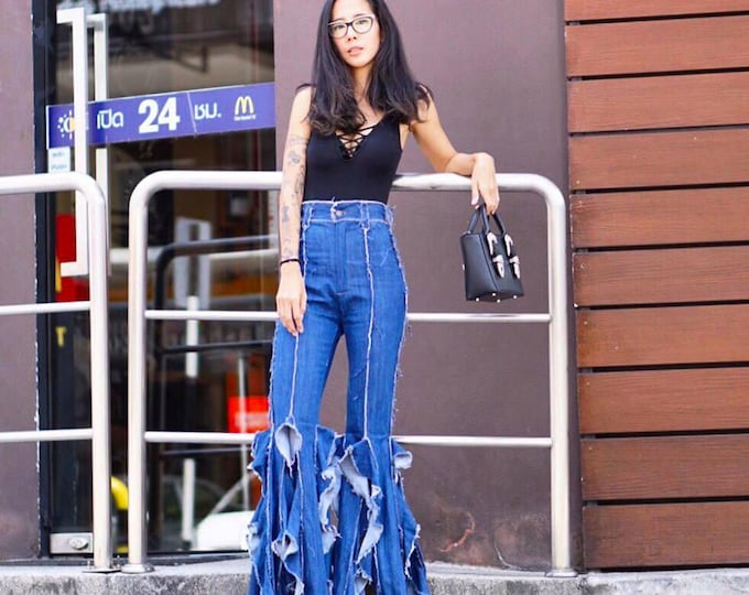 High Waist Tassel Flared Jeans, 70s Style Bell-Bottoms