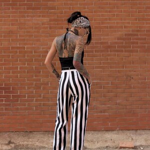 Women's BLACK/WHITE Striped High Waist Straight Trousers/Vintage 70s fashion /Wide legs loose pants. image 3