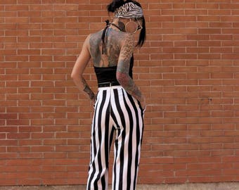 Women's BLACK/WHITE Striped High Waist Straight Trousers