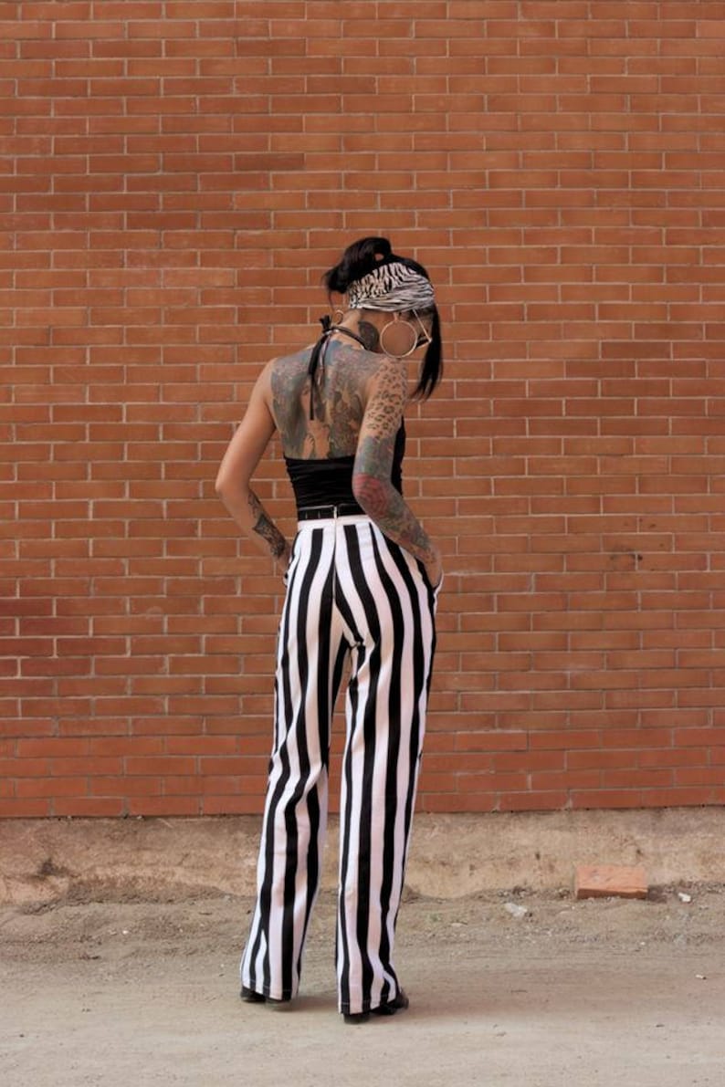 Women's BLACK/WHITE Striped High Waist Straight Trousers/Vintage 70s fashion /Wide legs loose pants. image 3