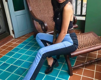 Two-Tone High Waist Jeans - Slim Crop, Raw Hem Denim