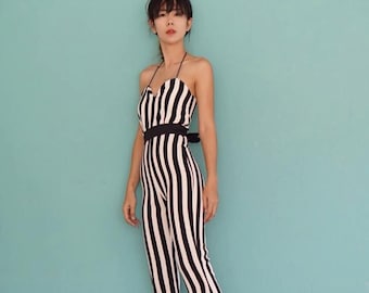 Striped Bell Bottom Jumpsuit, Handmade 70s Style