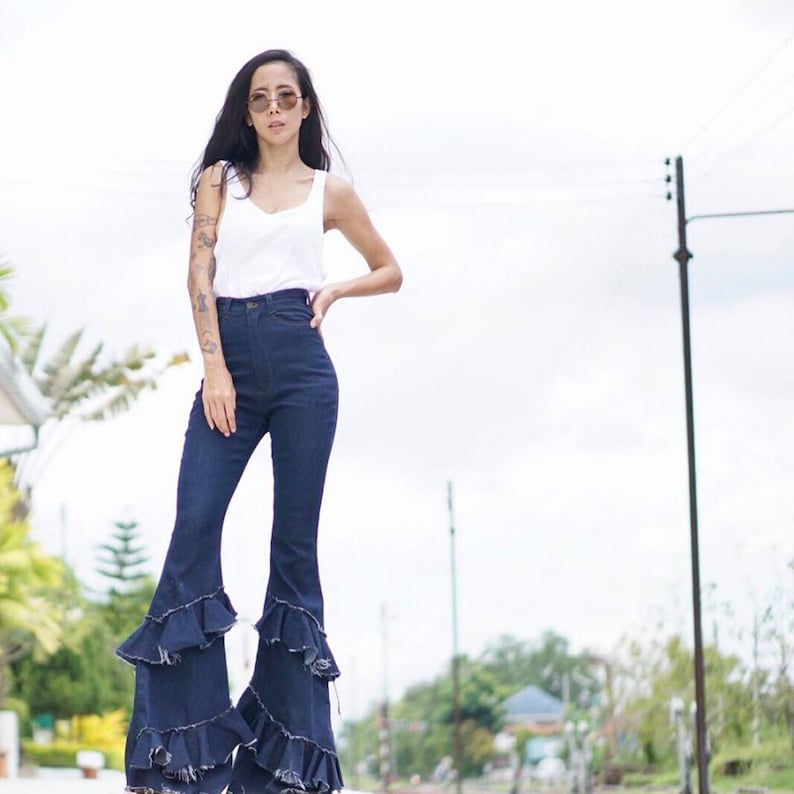 Women's High Waist Jeans Denim/Layered Ruffle Bell-Bottoms | Etsy