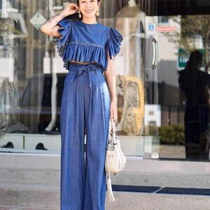 Pantalon en papier Denim Elegant Elegant Layered Flounce Top/High Waisted Wide pants Paper Bag Pants/vintage Denim Summer set.