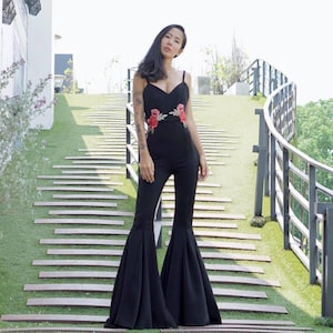 Women&#39;s Black Jumpsuit/ V Neck Spaghetti Straps/Backless/Open back/roses embroidered/High Waist Super Flared Bell Bottoms/70s/Disco/retro.