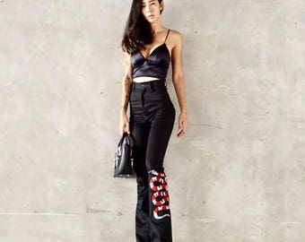 High Waisted Flare Jeans: Black Bell Bottoms with Red Snake Embroidery