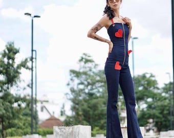 Denim Jumpsuit With Red Hearts, 70s Bell Bottom Style - Etsy