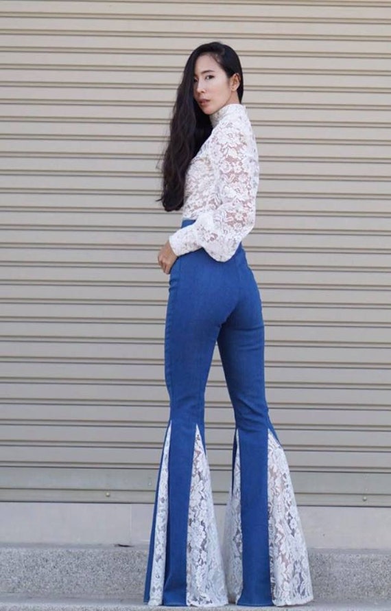 Women's Blue Jeans High Waisted Flared Bell Bottoms Pants/white