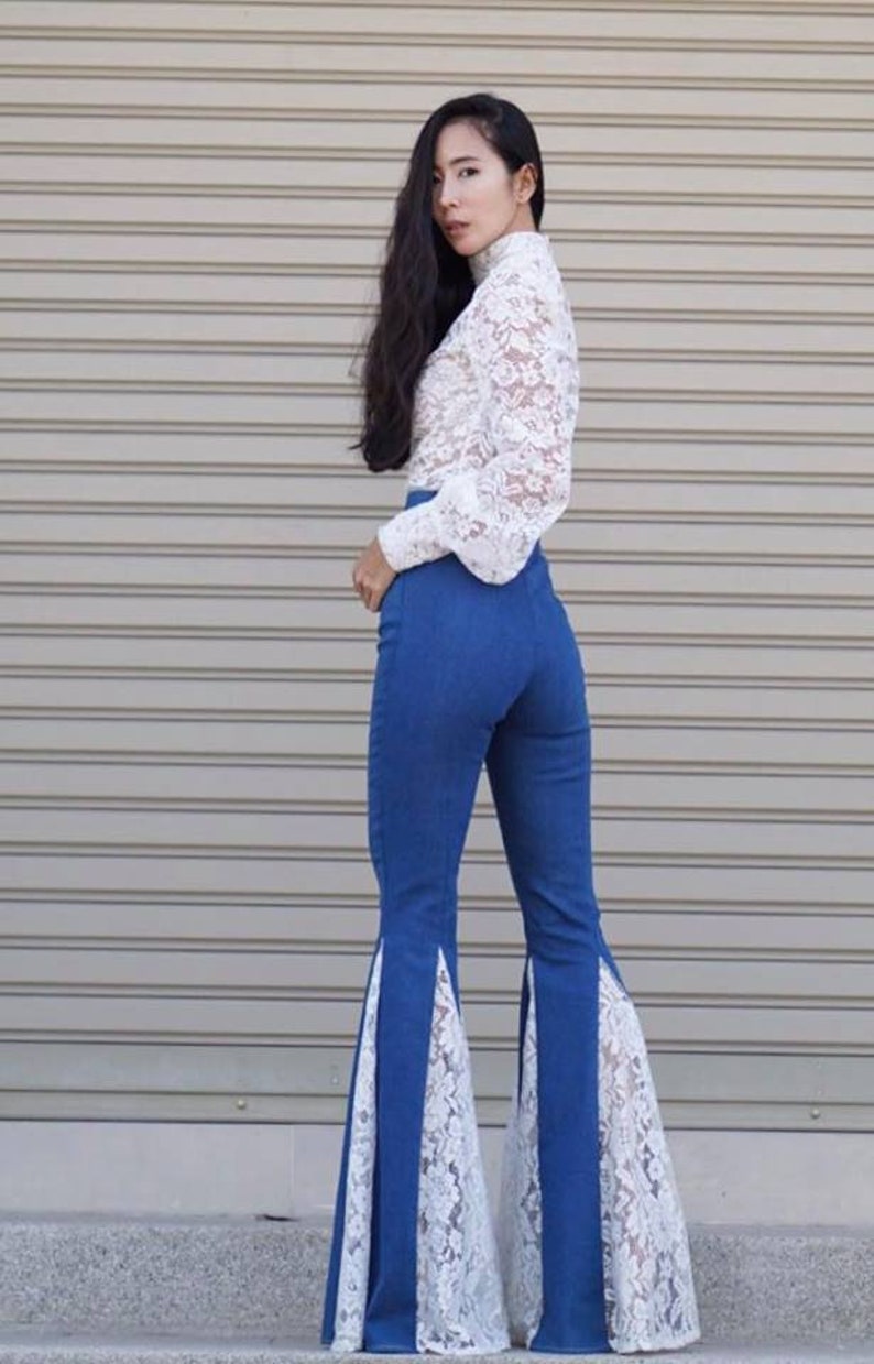 Women's High Waisted Jeans White Lace Insets Wide Flare - Etsy