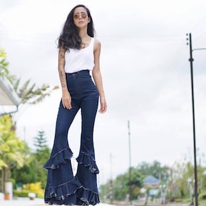 Women's High Waist Asymmetric Tassel Flared Slit Bell-bottom Jeans/ Vintage  70s Style Trousers/ Hippie/retro Boho. 