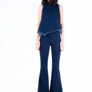 Women&#39;s Boho jeans Set Top/ high waist flared bell bottoms ankle hem fringe style /Vintage 70s fashion/Hippie/Retro jeans.