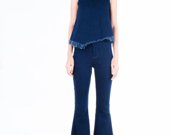 Women's Boho jeans Set Top/ high waist flared bell bottoms ankle hem fringe style /Vintage 70s fashion/Hippie/Retro jeans.