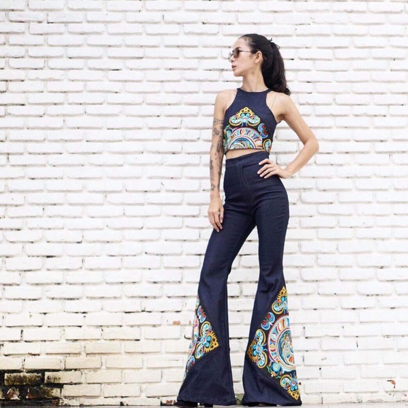 Women's Blue Jeans Denim Racer front Tank Top & Hight Waist Bell Bottom Pants with Hill tribe flowers fabric embroidered Set. image 4