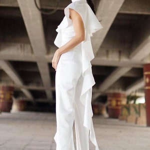 Women's White Jumpsuit One Side Ruffled/High Waist Wide leg / Ruffle Jumpsuit 70s style/ruffled trim one shoulder. image 3