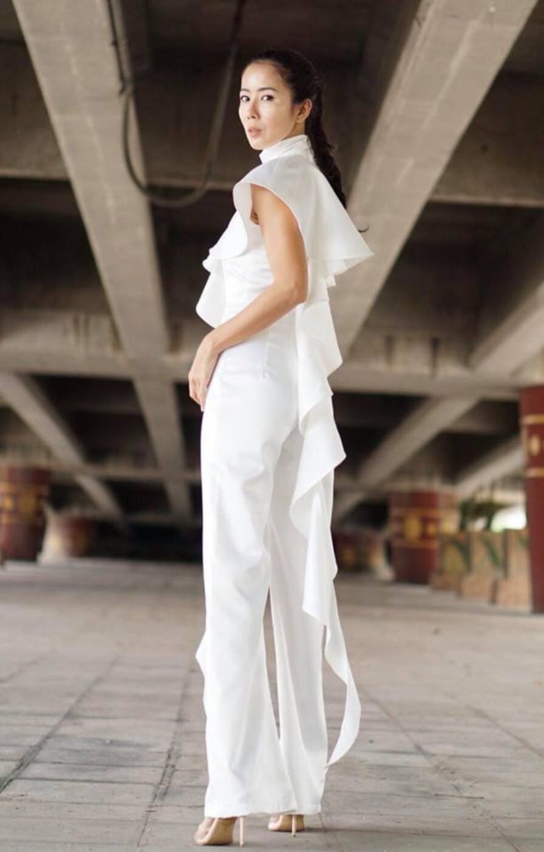 Women's White Jumpsuit One Side Ruffled/High Waist Wide leg / Ruffle Jumpsuit 70s style/ruffled trim one shoulder. image 3