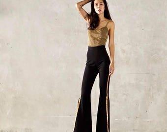 Women's Gold&Black Jumpsuit ,Spaghetti straps/Open back/High waist/Plunge Side Split Leg Bell bottoms pants/70s Vintage style/Bohemian.