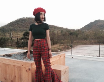 Women's High Waisted Red Plaid Super Flared Bell Bottoms