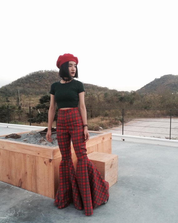 Women's High Waisted Red Plaid Super Flared Bell Bottoms Extra Wide Leg  Long Pants / Vintage 70s Style/disco Fashion/boho/rock and Roll. -   Canada