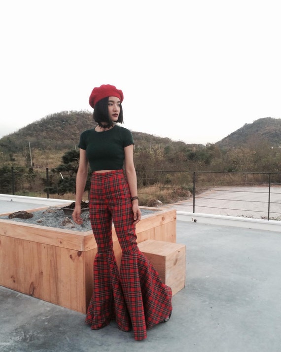 Women's High Waisted Red Plaid Super Flared Bell Bottoms Extra