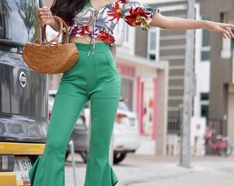 Women's Asymmetric Draped Frill Side Cigarette Trousers/ High Waisted  Ruffle Flare Bell Bottoms Pants /retro Boho/ Vintage 70s Fashion -   Singapore