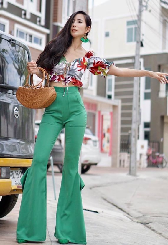 Casual Vintage Flare Pants For Women Solid Color Disco Dance 70's Bell  Bottom Hippie Pants