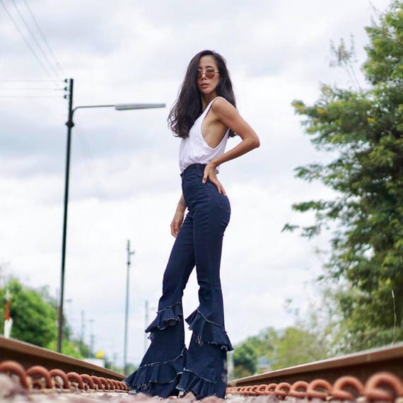 Women s High Waist Jeans Denim layered Ruffle Bell bottoms Pants