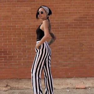 Women's BLACK/WHITE Striped High Waist Straight Trousers/Vintage 70s fashion /Wide legs loose pants. image 4