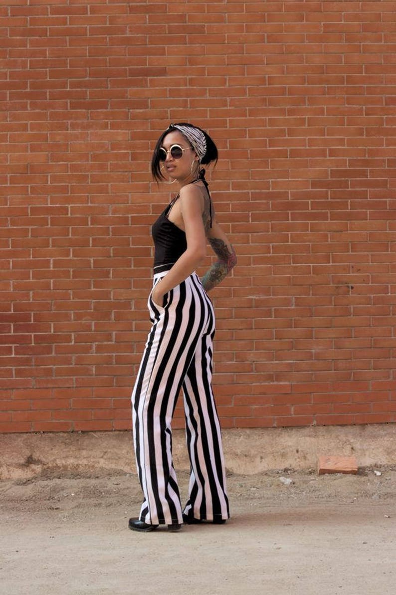 Women's BLACK/WHITE Striped High Waist Straight Trousers/Vintage 70s fashion /Wide legs loose pants. image 4