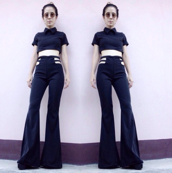 Women's Black/white High Waisted Exposed Sides Flared Bell Bottoms