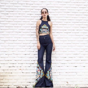 Women's Blue Jeans Denim Racer front Tank Top & Hight Waist Bell Bottom Pants with Hill tribe flowers fabric embroidered Set. image 1